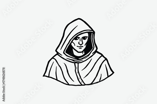 Mysterious hooded figure with intricate facial details a striking silhouette