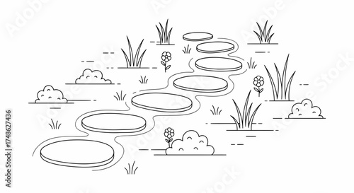 Minimalist stepping stones design for serene garden path inspiration, perfect for landscaping projects and zen garden concepts in a tranquil setting