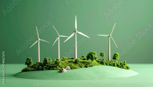Miniature model of white wind turbines and small house surrounded by greenery—set against green background