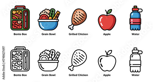 healthy and packed lunch icon set with bento box, grain bowl, grilled chicken and water symbols vector illustrations 