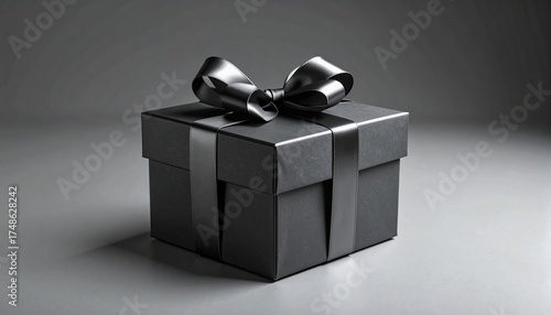 Matte black gift box with glossy ribbon bow—placed on smooth gray surface with gradient background