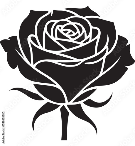 Black silhouette of a rose with leaves and thorns on a white background