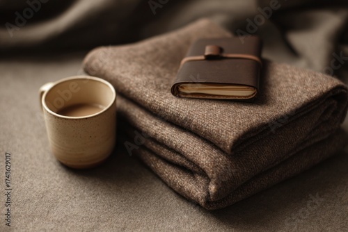 Coffee cup and notebook placed on soft blanket in earthy tones. Concept: cozy interiors, autumn season, warm neutrals, aesthetics.