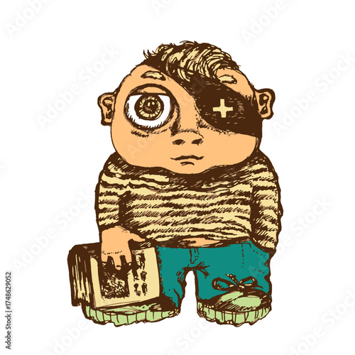 A cartoon character with an eye patch and a book in hand. Sketch, outline or draft. Vector illustration
