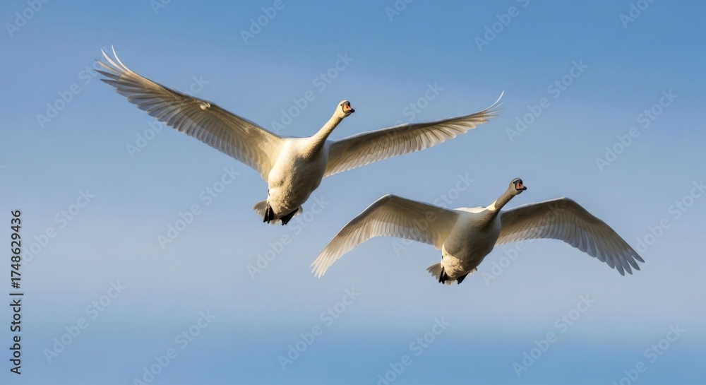 Fototapeta premium Two elegant swans gracefully soaring through a clear blue sky