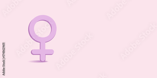 Wide vector illustration with a female gender symbol on a soft pink background. Minimal modern composition with space for text, perfect for women’s rights or empowerment designs.
