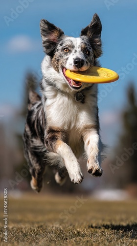 A joyful dog leaps in the air, catching a frisbee against a vibrant blue sky, exemplifying the spirit of playfulness and energy in outdoor activities.