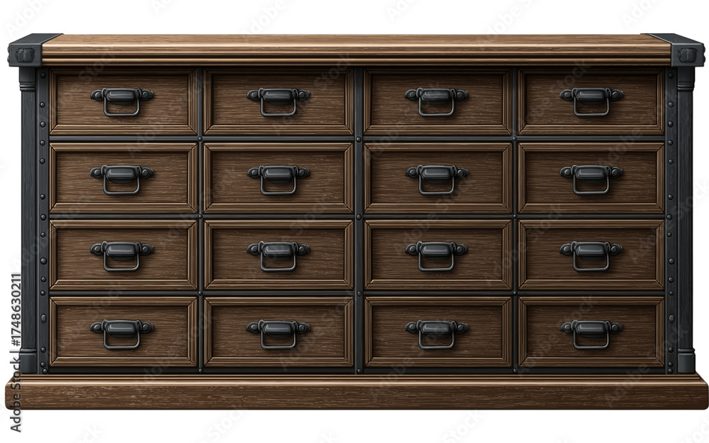 Fototapeta premium Wooden Chest with Sixteen Drawers isolated on a transparent background