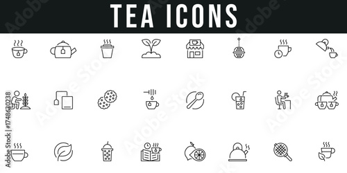 Tea and beverage line icon set covers hot drinks, brewing, teapot, kettle, leaf, mug, restaurant, lemon, natural, green tea and cafes. Simple vectors with editable strokes, Clean and minimal design.