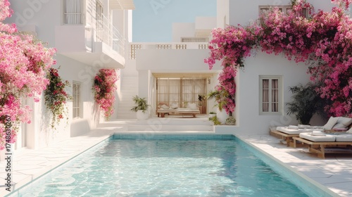 Wallpaper Mural Elegant white villa with swimming pool and vibrant pink floral accents Torontodigital.ca