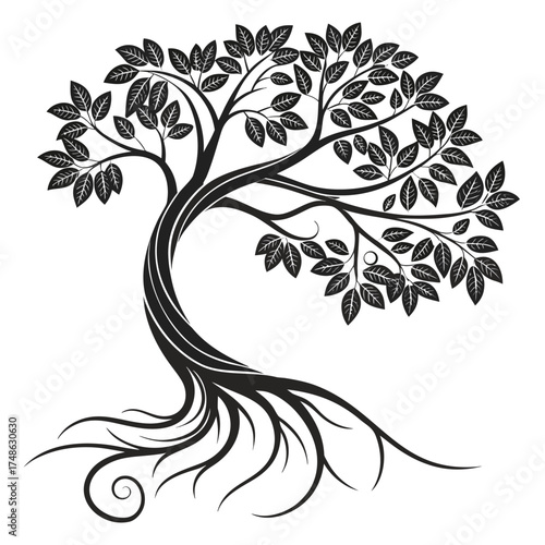 Stylized Black Tree of Life with Intricate Roots and Leaves on White Background stylized tree