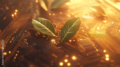 Green leaves sprouting from a computer chip, symbolizing green tech