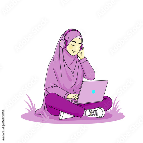 Relaxed young woman with hijab enjoys music on laptop, modern lifestyle design