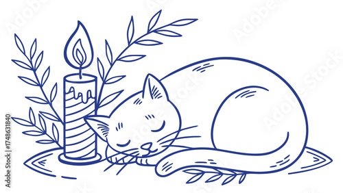 Cat Sleeping Peacefully Next to a Lit Candle in a Cozy Room Illustration