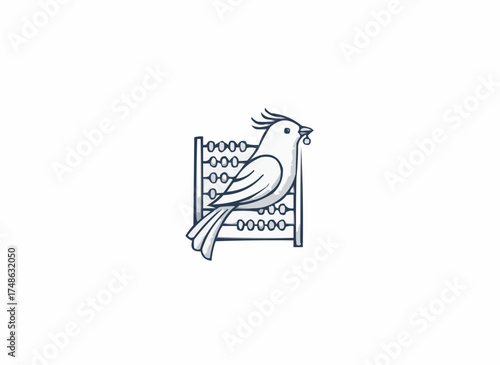 Charming bird perched on an abacus with a seed in its beak, symbolizing cleverness and simple calculation