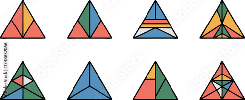 Collection of Eight Geometric Style Triangles Featuring Segmented Colorful Patterns and Interior Divisions