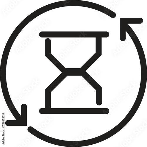Continuous Time Management And Productivity Concept. Circular arrow icon with hourglass symbol representing time passing and continuous process.