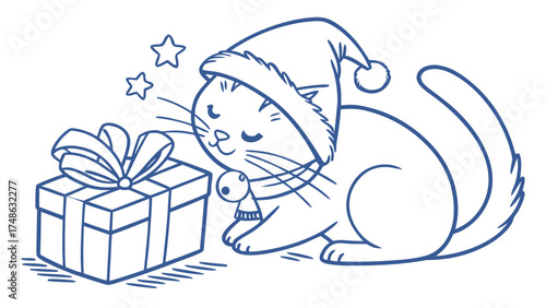 Cat with Santa Hat, Under Christmas Stars, Illustration, Cozy Home, Whimsical Viewpoint