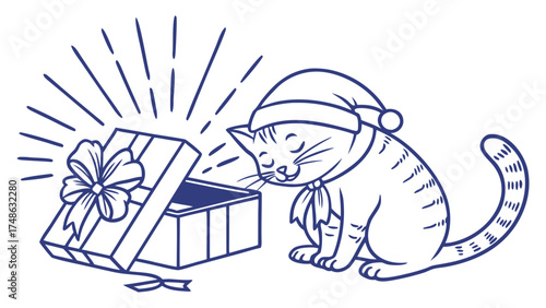 Festive Cat Opening Gift Box, Holiday Cheer, Cozy Indoor Setting, Vector Illustration, Cute Pets, Joyful Atmosphere