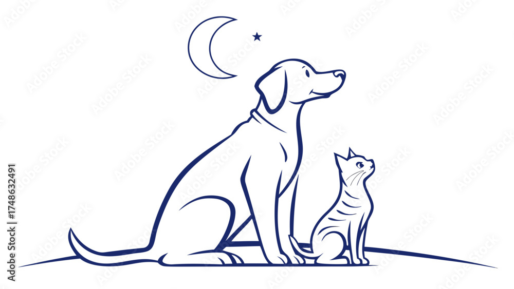 Fototapeta premium Dog and Cat Sitting Under the Moon, Vector Illustration, Night Sky, Cozy Atmosphere