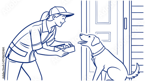 Delivery Worker Handing Treats to Dog at Home - Vector Illustration - Pet Care Environment - Friendly Interaction