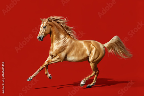 Golden horse running against a vibrant red background during a sunny day