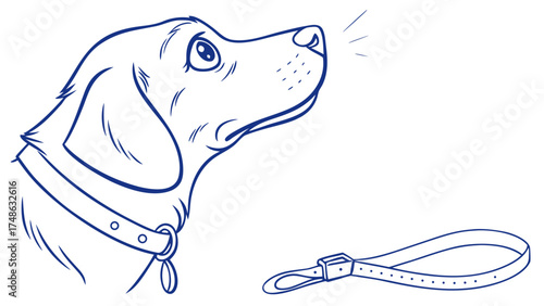 Dog Gazing at Distant Horizon in a Blue-Line Vector Illustration for Animal Lovers