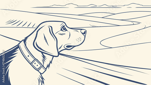Dog Gazing at Empty Leash in Nature Landscape Illustration, Reflecting Emotions and Anticipation