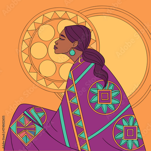 Elegant woman adorned in vibrant patterned fabric gazes thoughtfully against a striking geometric sunburst backdrop, evoking cultural richness and artistic flair.