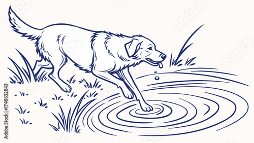 Playful Dog Walking Near a Pond in Nature - Illustrative Vector Art