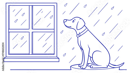 Dog Sitting by Window on Rainy Day, Cozy Indoor Scene, Illustration of Pet and Coffee