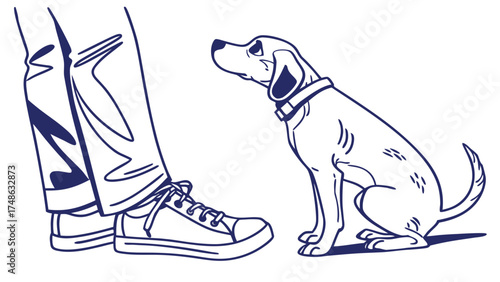 Dog Sitting on Apartment Balcony with Owner in Casual Attire, Vector Illustration, Urban Environment