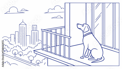 Dog Enjoying Scenic City View from Balcony, Urban Lifestyle Illustration in Calm Environment
