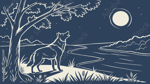 Nighttime Howling Wolf by the Riverbank, Nature Illustration in a Serene Landscape
