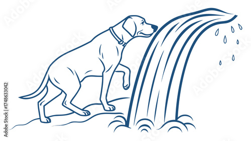 Playful Dog Drinking from a Waterfall, Nature Scene, Illustration, Peaceful Environment, Side View, Joyful Concept