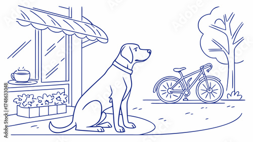 Dog Waiting Patiently Beside Bicycle in Cozy Outdoor Setting Illustration