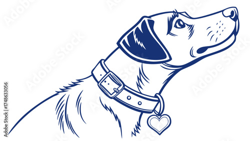 Vector Illustration of a Dog with Heart Tag, Pet Art, Graphic Design, Blue Line Style