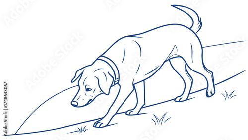 Playful Dog Sniffing the Ground in a Natural Setting - Blue Line Vector Illustration