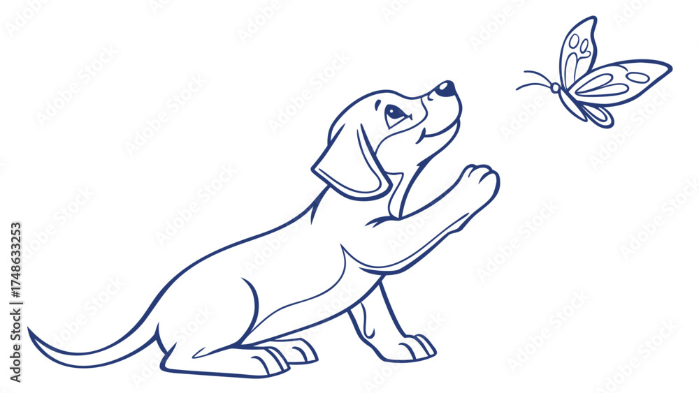 Obraz premium Playful Puppy Chasing Butterfly in Blue Line Vector Illustration