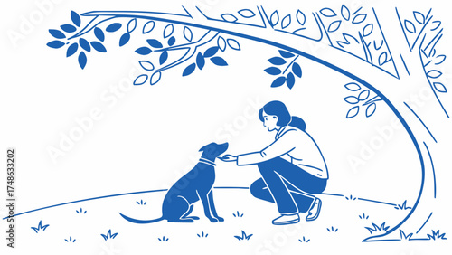 Person Cares for Dog, Outdoor Setting, Vector Illustration, Nature Vibes