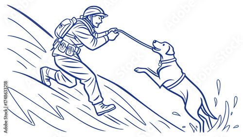Soldier Assisting Dog in River Rescue Mission, Outdoor Adventure, Vector Illustration