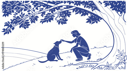 Playful Puppy Interacts with Child Under a Tree in a Serene Outdoor Scene, Vector Illustration