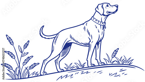 Playful Puppy in Nature, Vector Illustration, Joyful Outdoor Scene, Blue Line Art