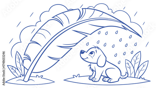 Puppy Seeking Shelter Beneath Large Leaf During Rainy Day - Vector Illustration