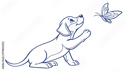 Playful Puppy Chasing Butterfly in Blue Line Vector Illustration