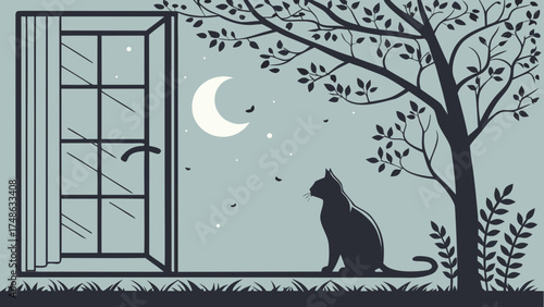 Cat Gazing at Moonlit Scene Through Open Window