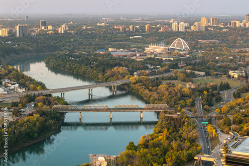 Obraz na płótnie Aerial sunrise view of bridges and river valley in Edmonton, Alberta