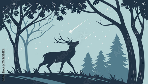 Deer Family Walking in Forest Clearing at Night, Nature Illustration Under Starry Sky