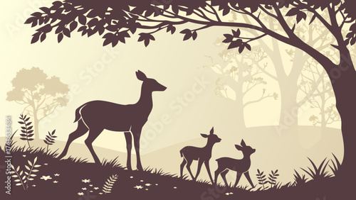 Deer Family Silhouette in Forest at Dusk - Illustration - Tranquil Environment