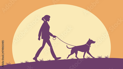 Silhouette Action of Dog and Owner Walking at Sunset in Nature Landscape